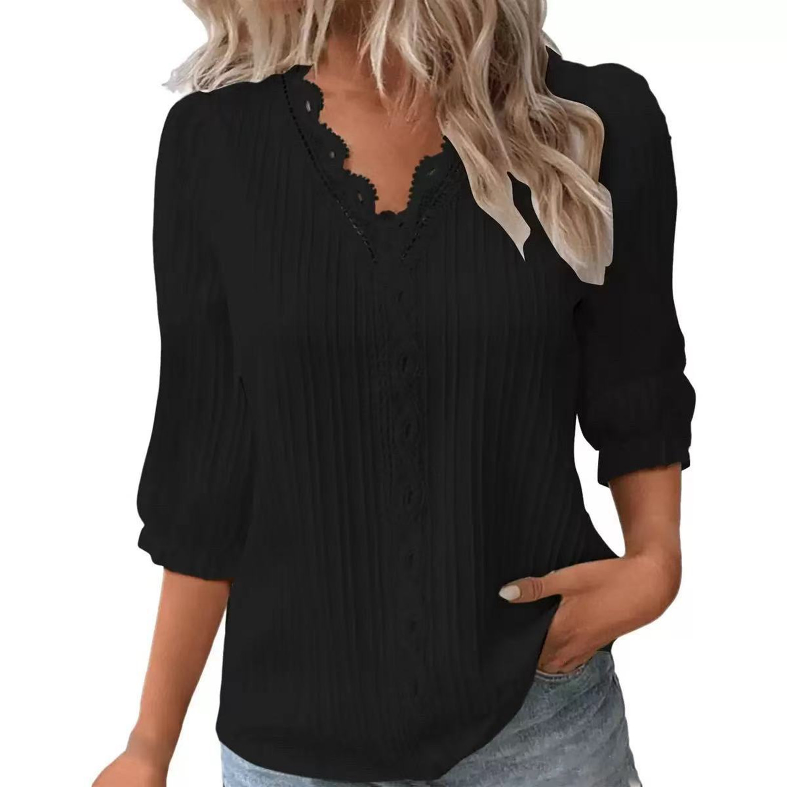 thumbnail image 2 of Blusa elegante de manga 3/4 con aberturas para mujer, primavera/verano: ropa de resort, moda europea, poliéster, corte holgado., 2 of 5